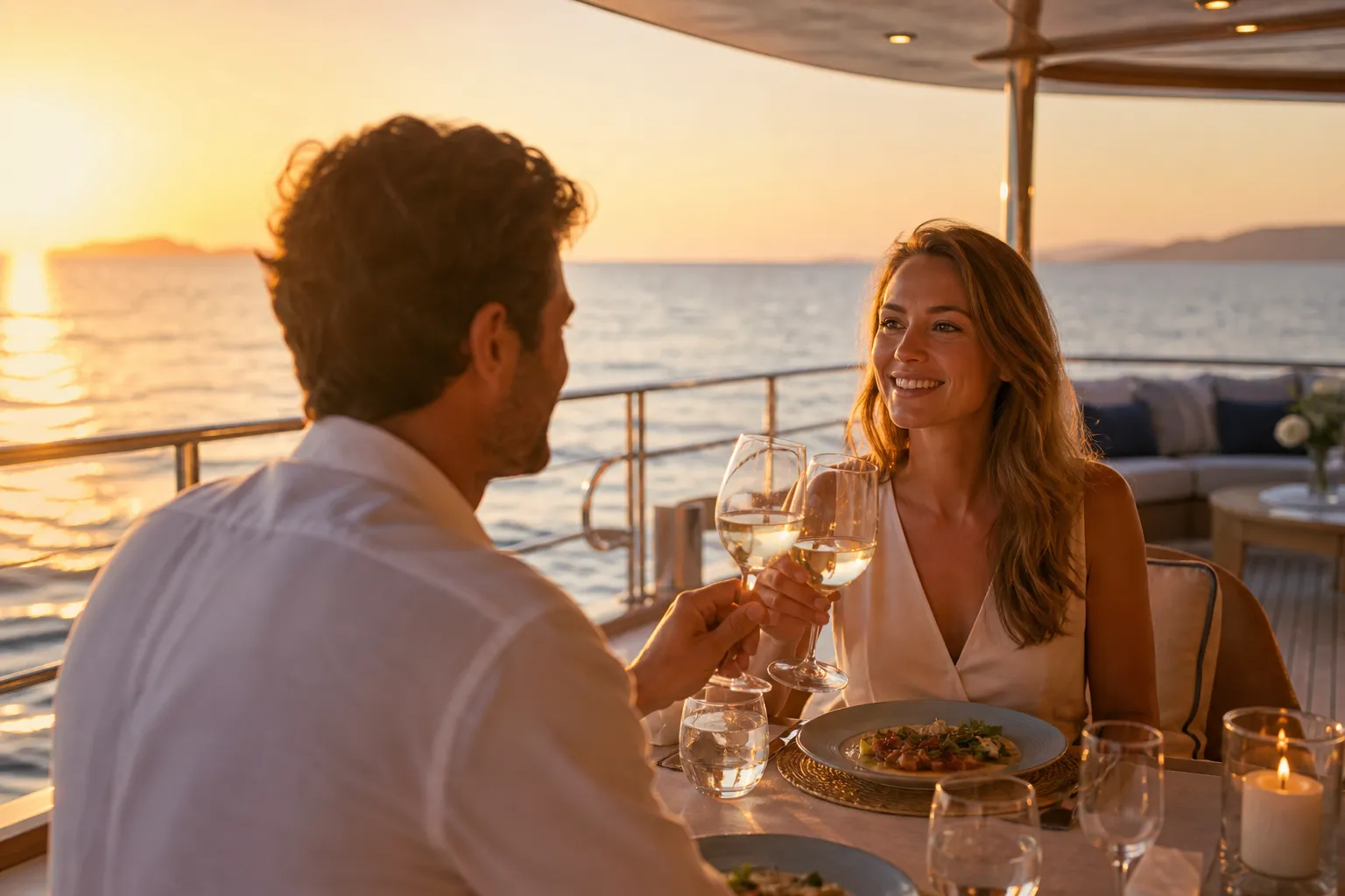A couple dining on a superyacht deck at sunset