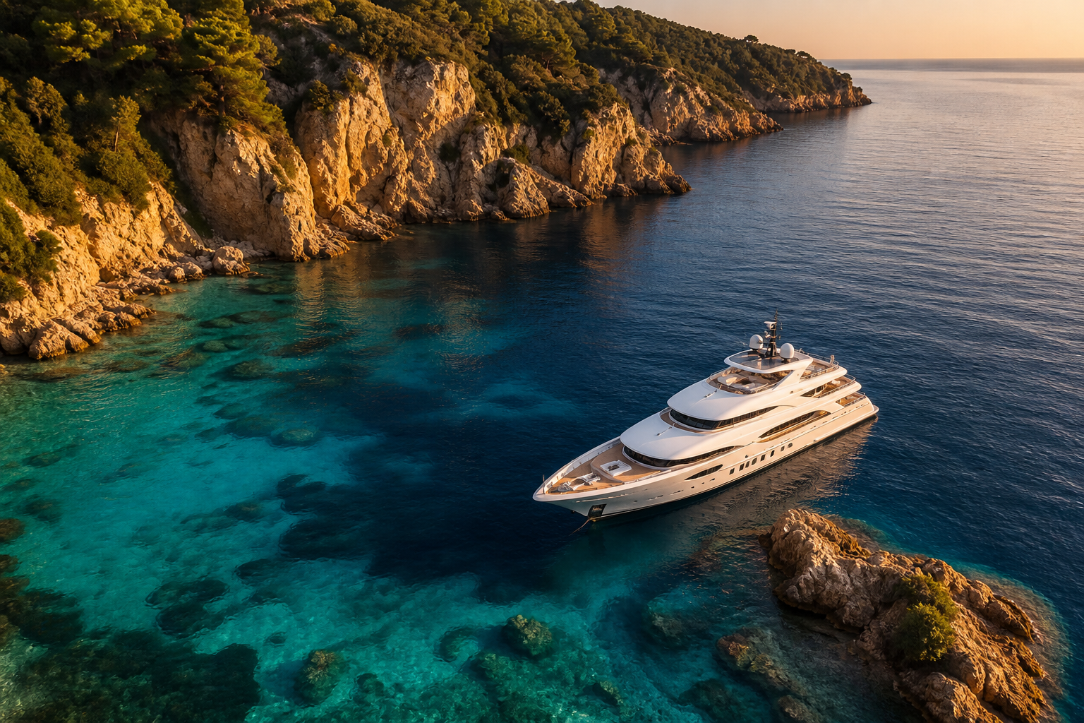 Aerial view of a superyacht anchored in turquoise water beside a dramatic coastline at golden hour