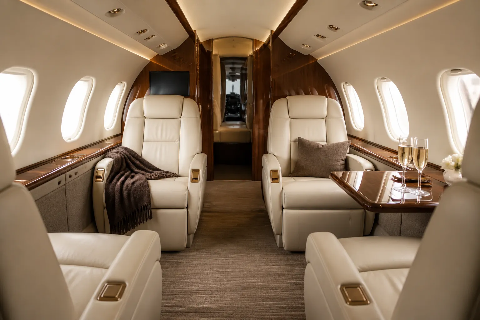 Private jet cabin interior with cream leather seats and warm ambient light
