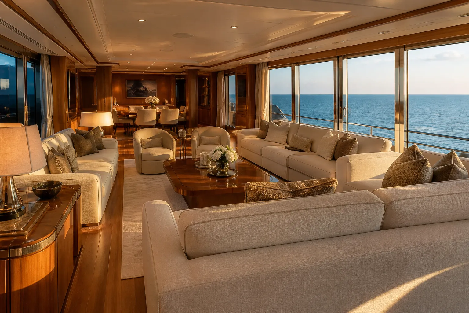 Elegant superyacht lounge interior with warm woods, cream furnishings and a panoramic ocean view